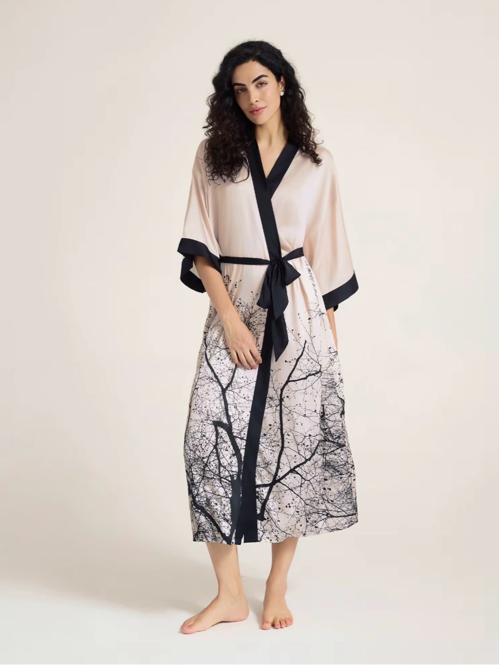 Silk-Feel Black Trim Cream Kimono Robe with Botanical Print